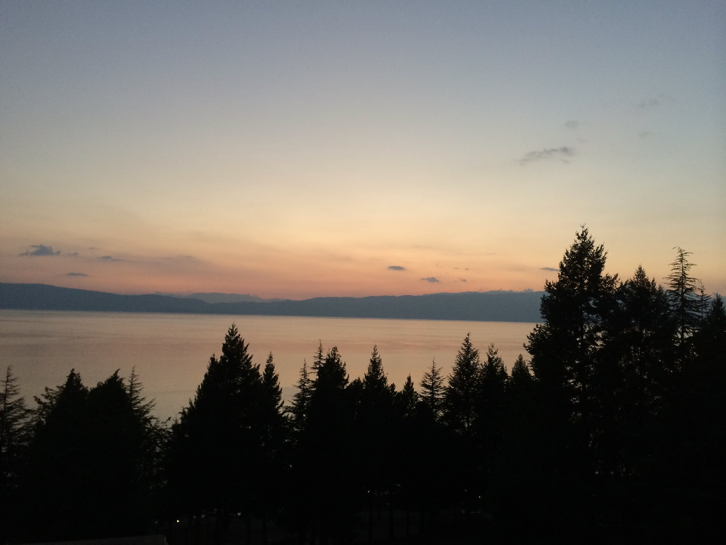 Le lac d'Ohrid au crépuscule, derrière la silhouette des sapins.